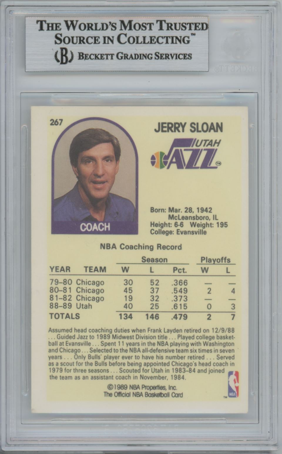 1989-90 NBA Hoops #267 Jerry Sloan Auto - Beckett Authentic