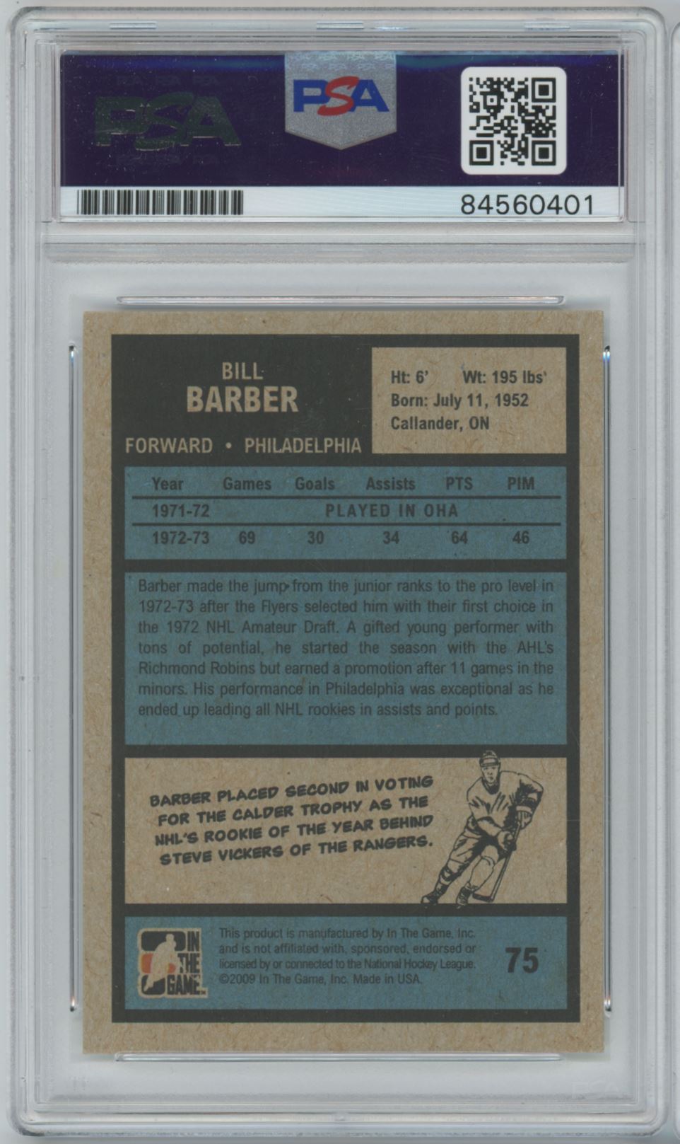 1972 In the Game Bill Barber Auto - PSA 10 Auto Grade