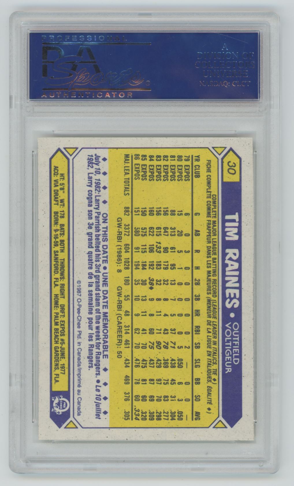 1987 O-Pee-Chee Tim Raines #30 - PSA 10