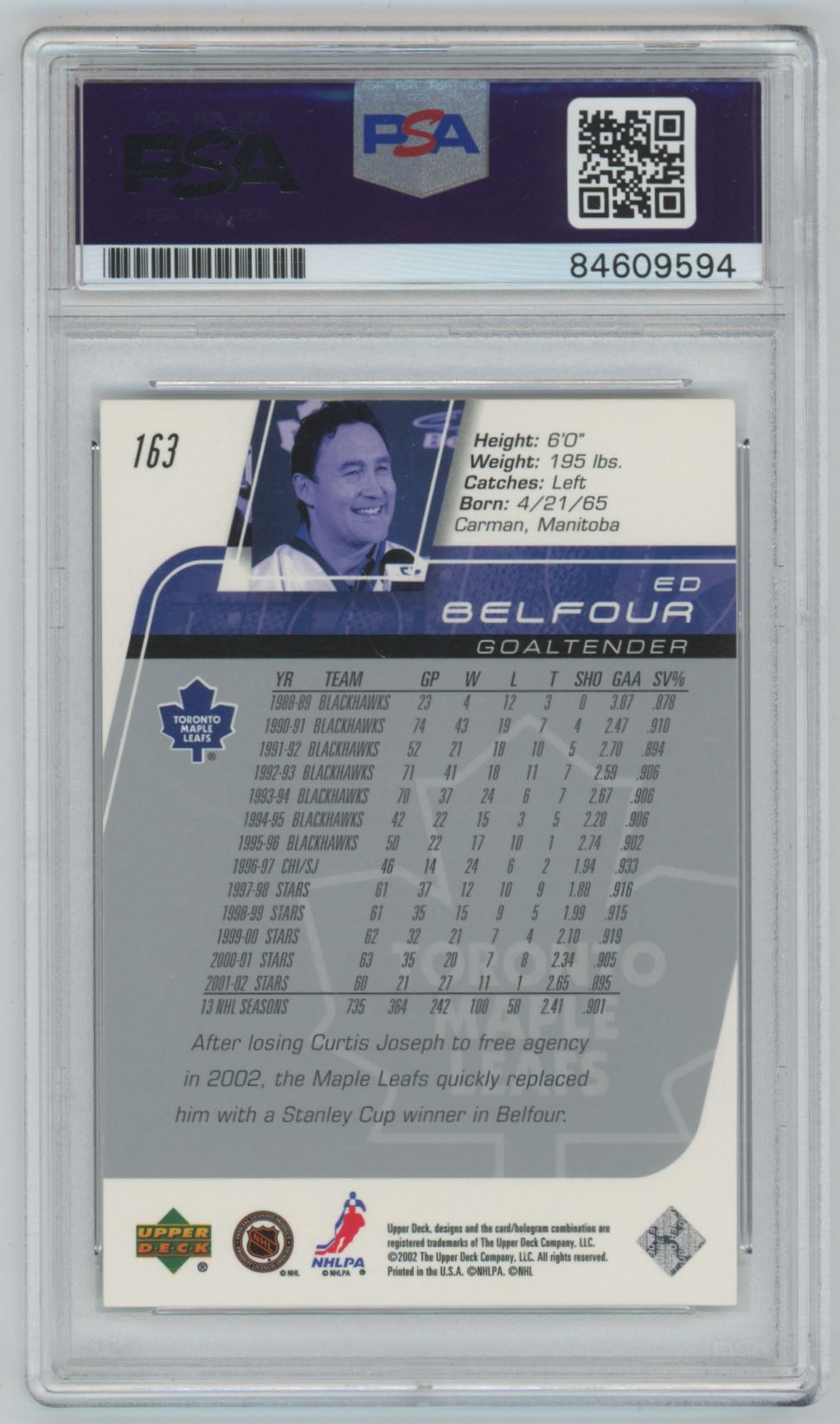 2002 Upper Deck Ed Belfour Auto - PSA/DNA Authentic