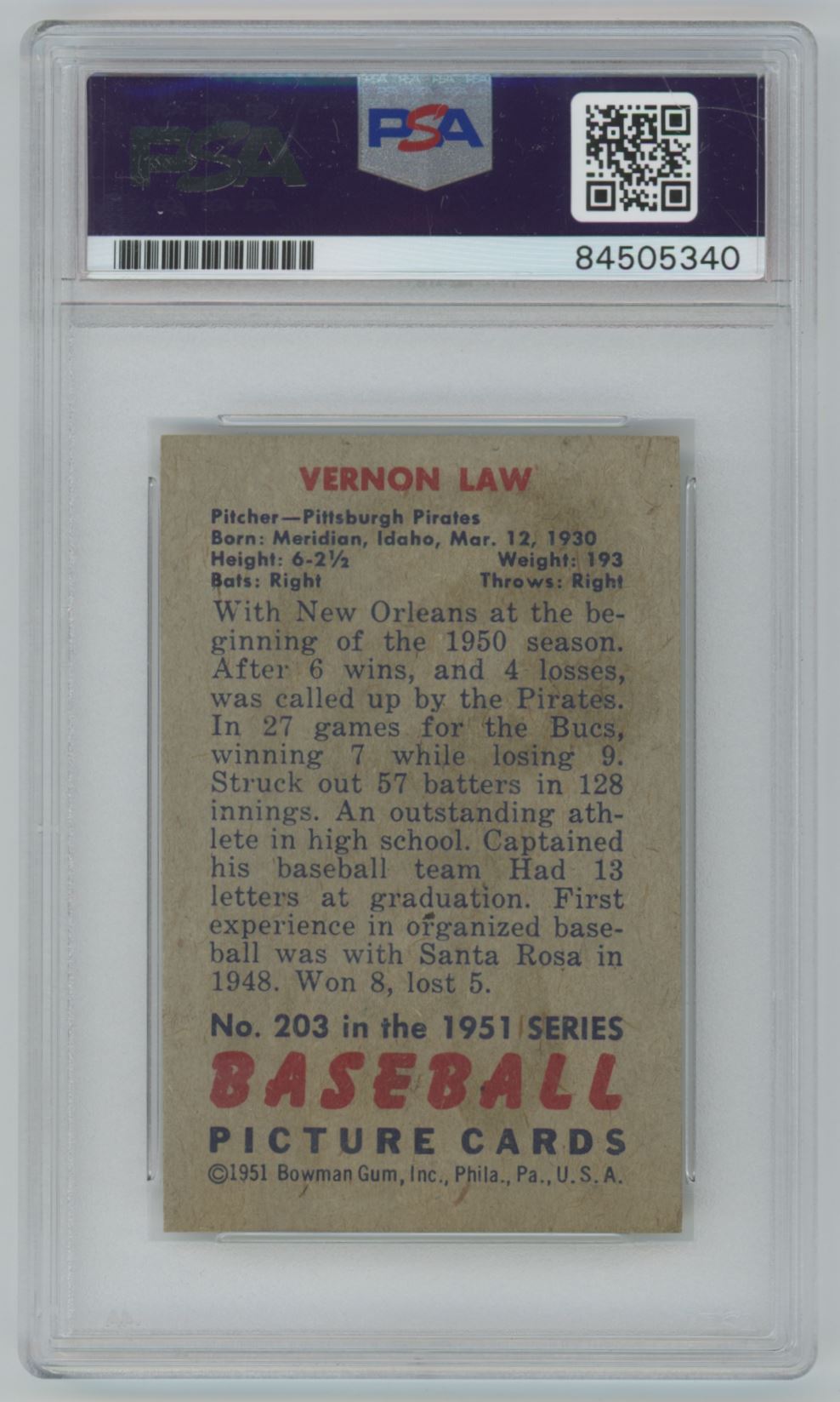 1951 Bowman Vernon Law Auto Inscription - PSA/DNA