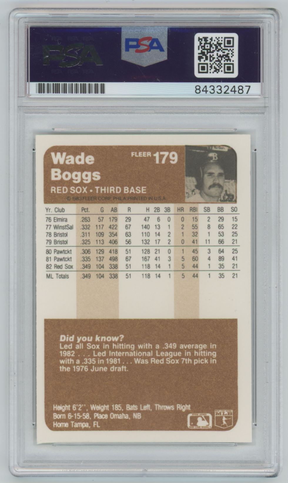 1983 Fleer Wade Boggs Rookie Card Auto - PSA/DNA