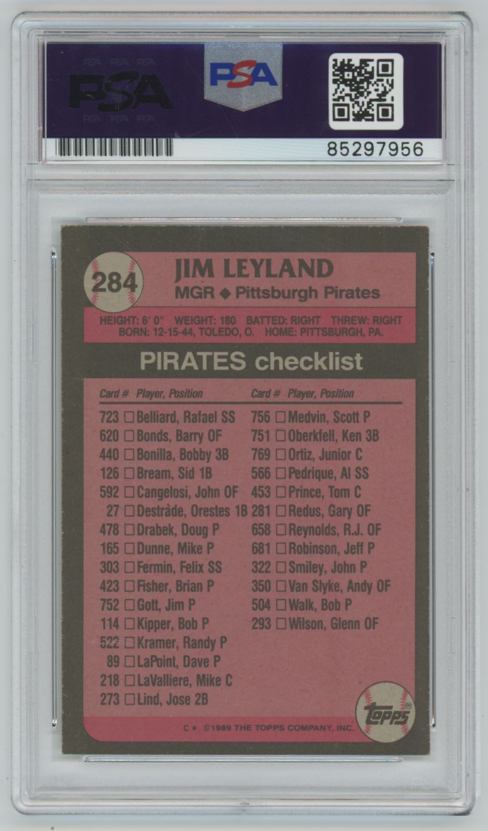 1989 Topps Jim Leyland Auto - PSA/DNA Authentic (7956)