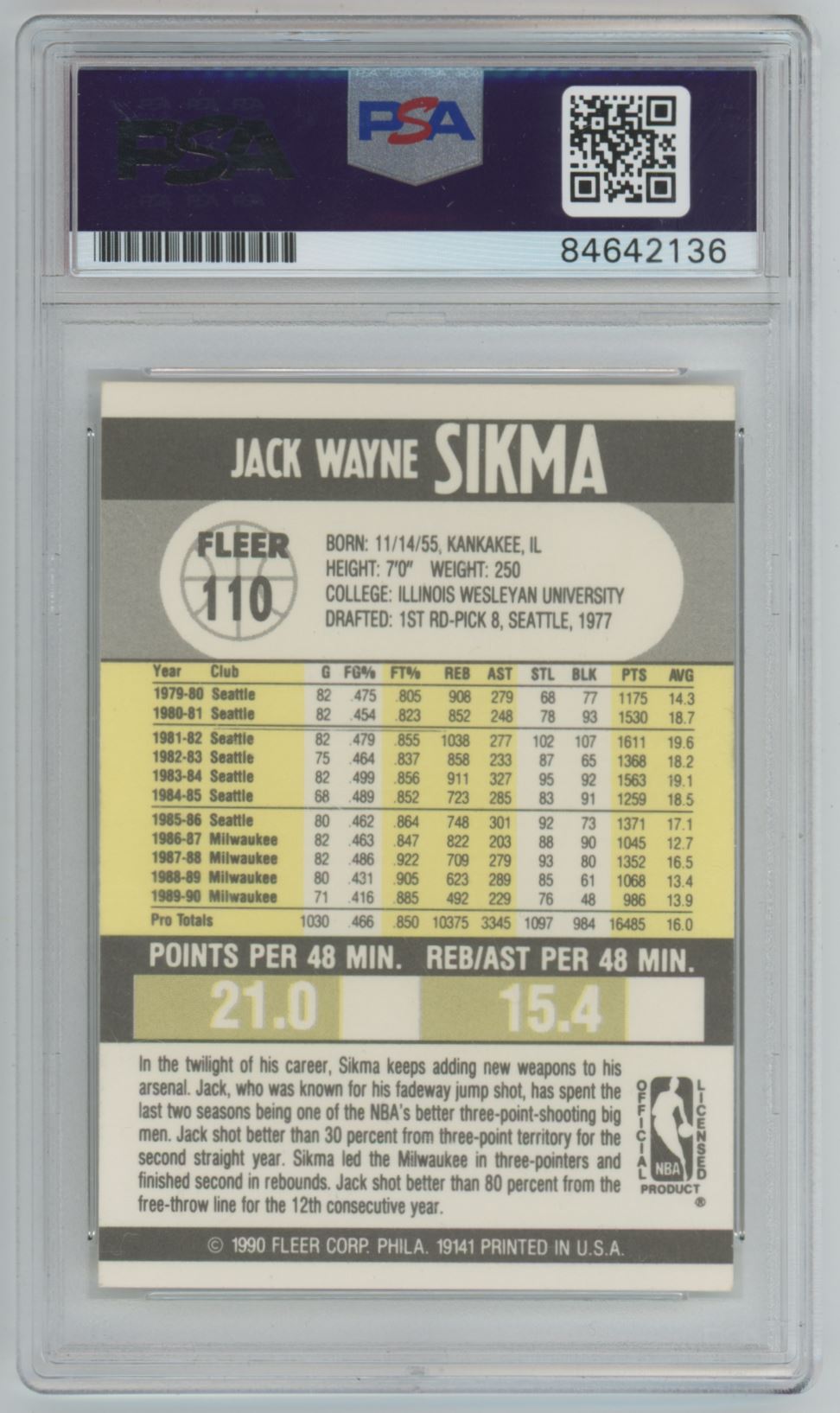 1990 Fleer Jack Sikma Auto - PSA/DNA