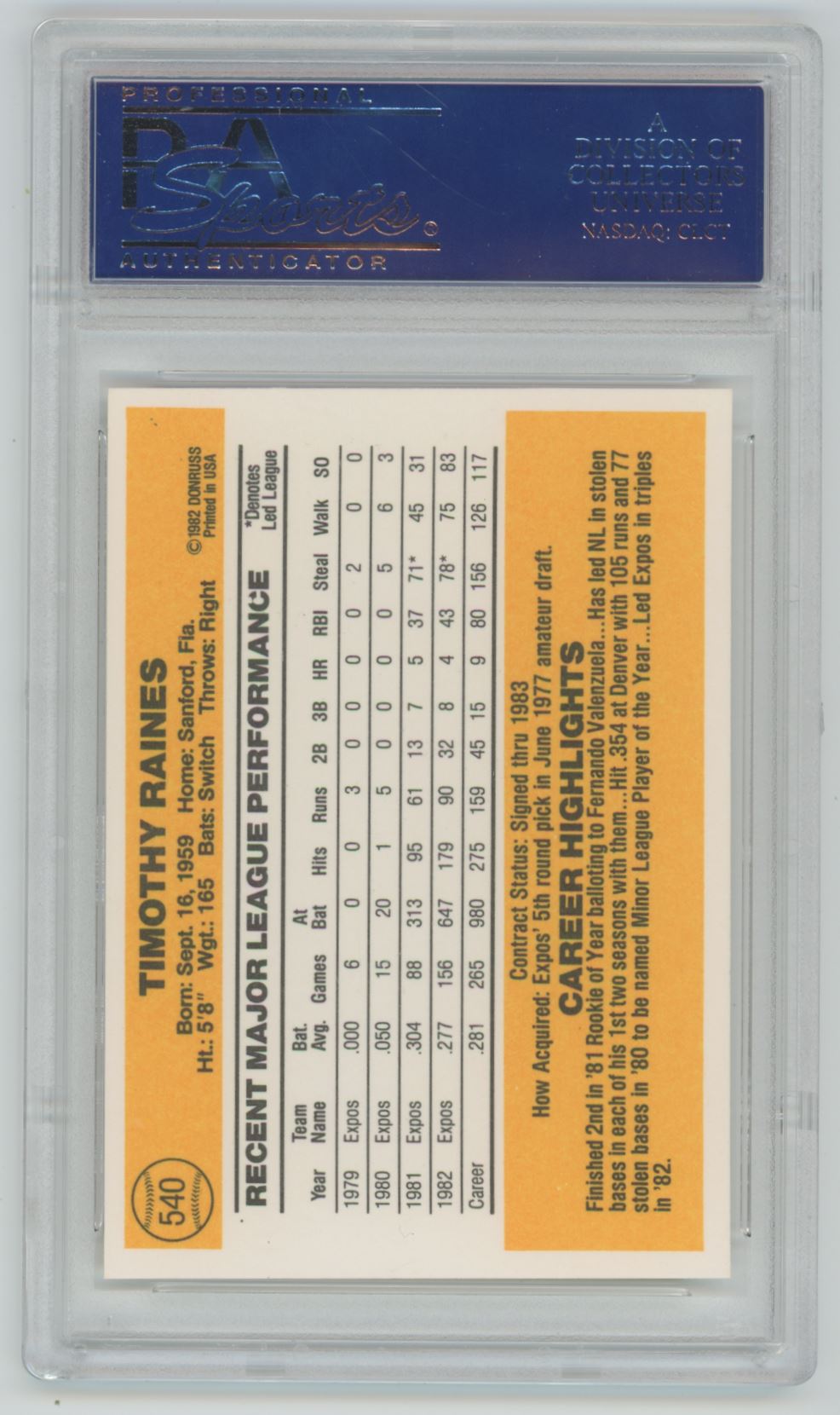 1983 Donruss Tim Raines #540 - PSA 10