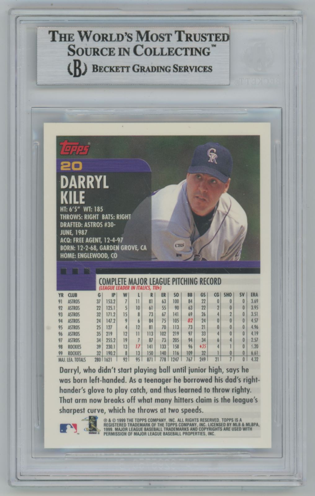 2000 Topps Darryl Kile #20 Auto - Beckett Authentic
