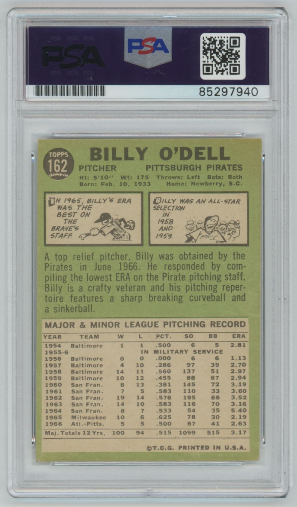 1967 Topps Billy O'Dell Auto - PSA/DNA Authentic