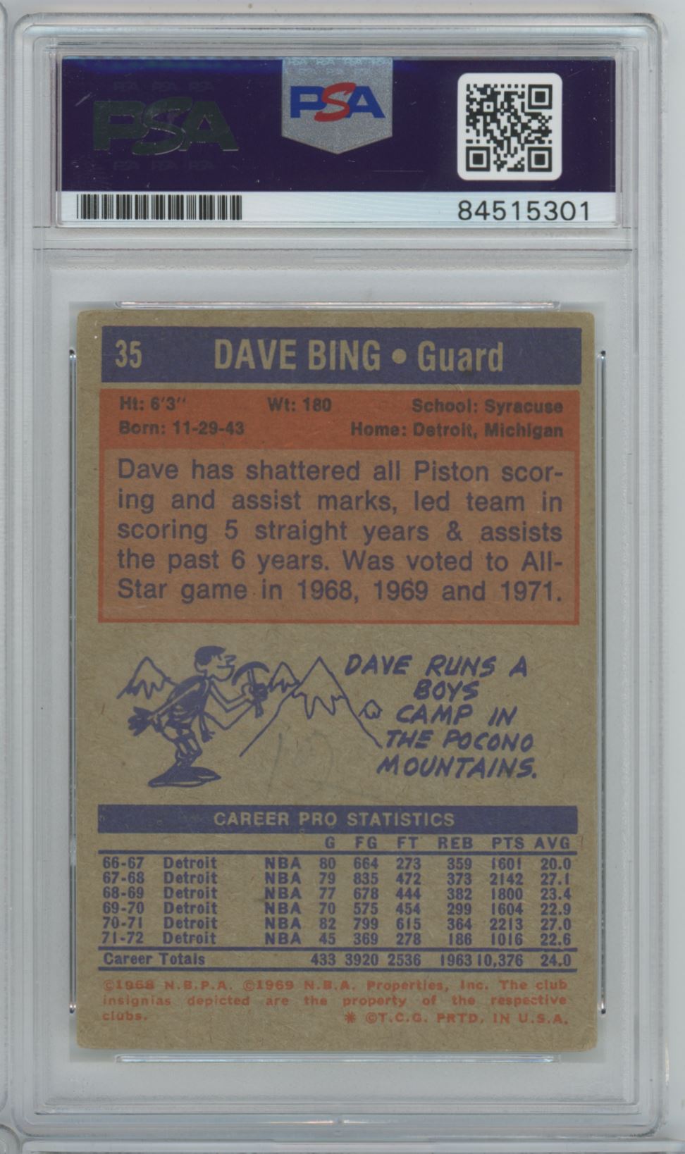 1972 Topps Dave Bing Auto - PSA/DNA (5301)
