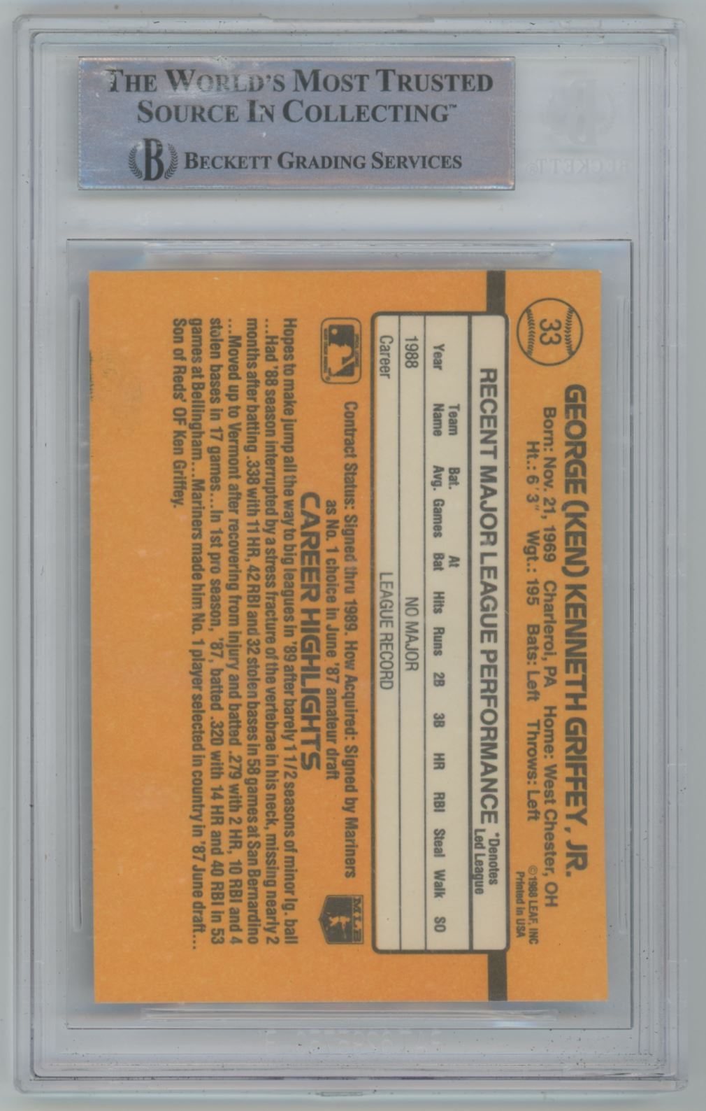 1989 Donruss #33 Ken Griffey Jr. Rated Rookie Auto - Beckett Authentic