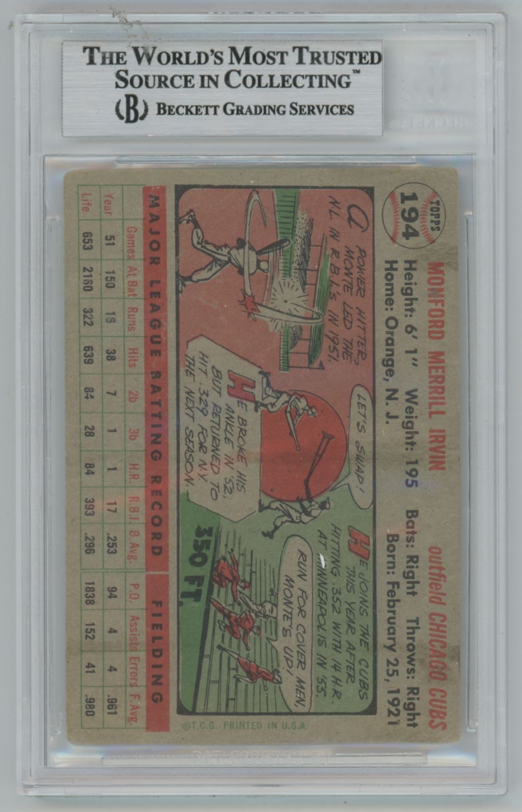 1956 Topps Monte Irvin Auto - Beckett Authentic