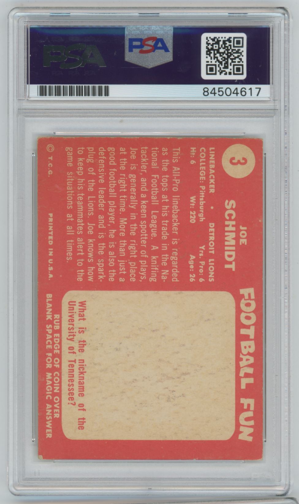 1958 Topps Joe Schmidt #3 Auto - PSA/DNA