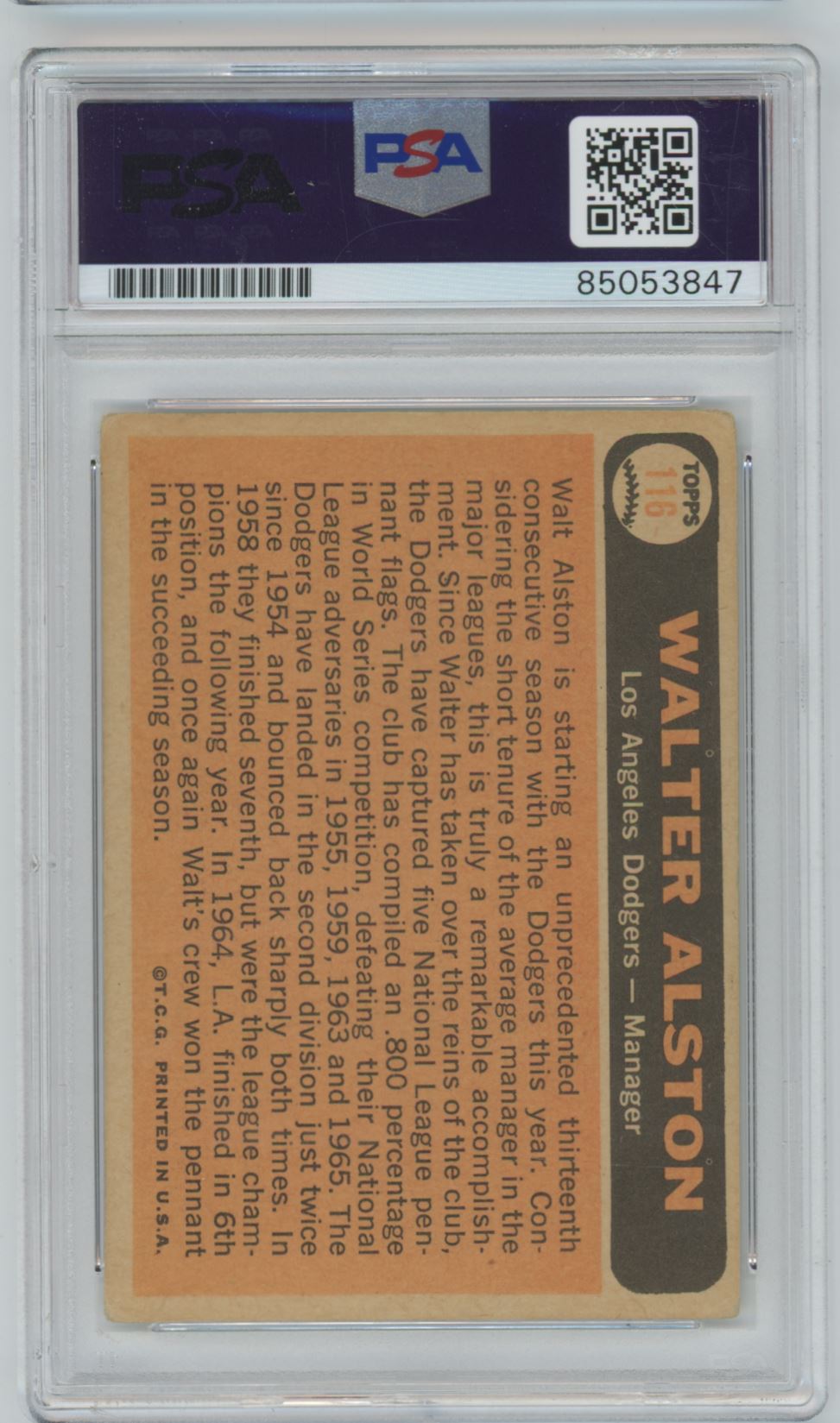 1966 Topps Walter Alston #116 Auto - PSA/DNA