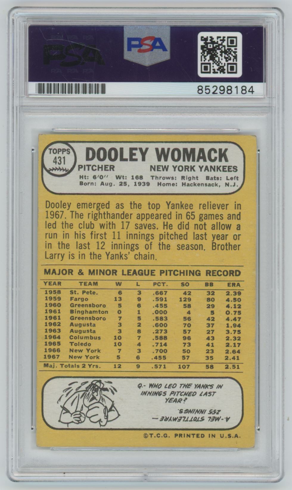 1968 Topps Dooley Womack Auto - PSA/DNA Authentic (8184)