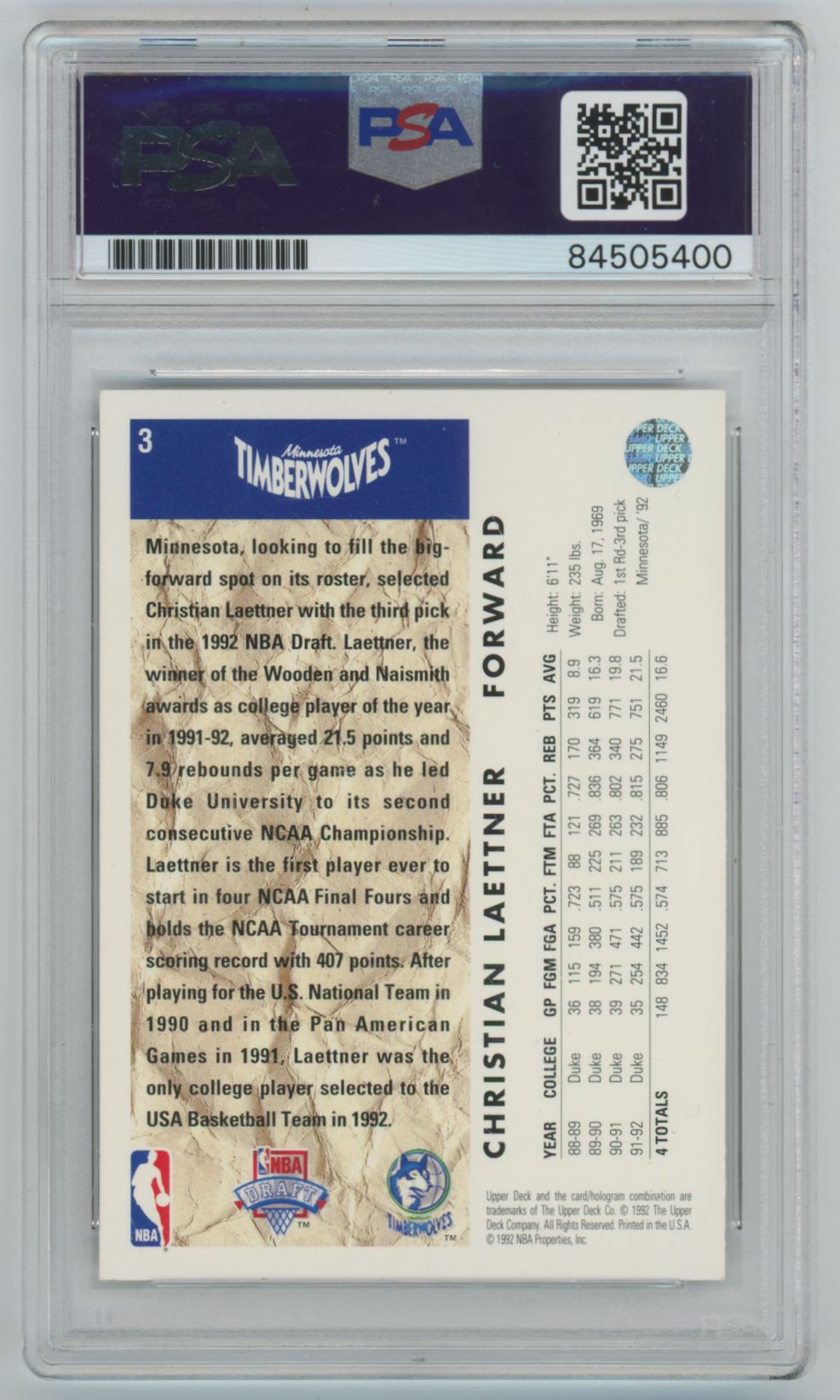 1992 Upper Deck Christian Laettner Rookie Card Auto - PSA/DNA