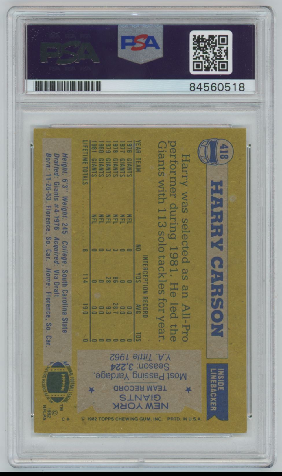 1982 Topps Harry Carson #418 Auto - PSA/DNA