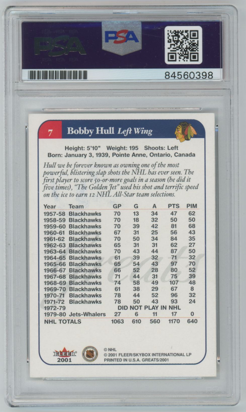 2001 Fleer Greats of the Game Bobby Hull Auto - PSA 8 (Auto Grade)