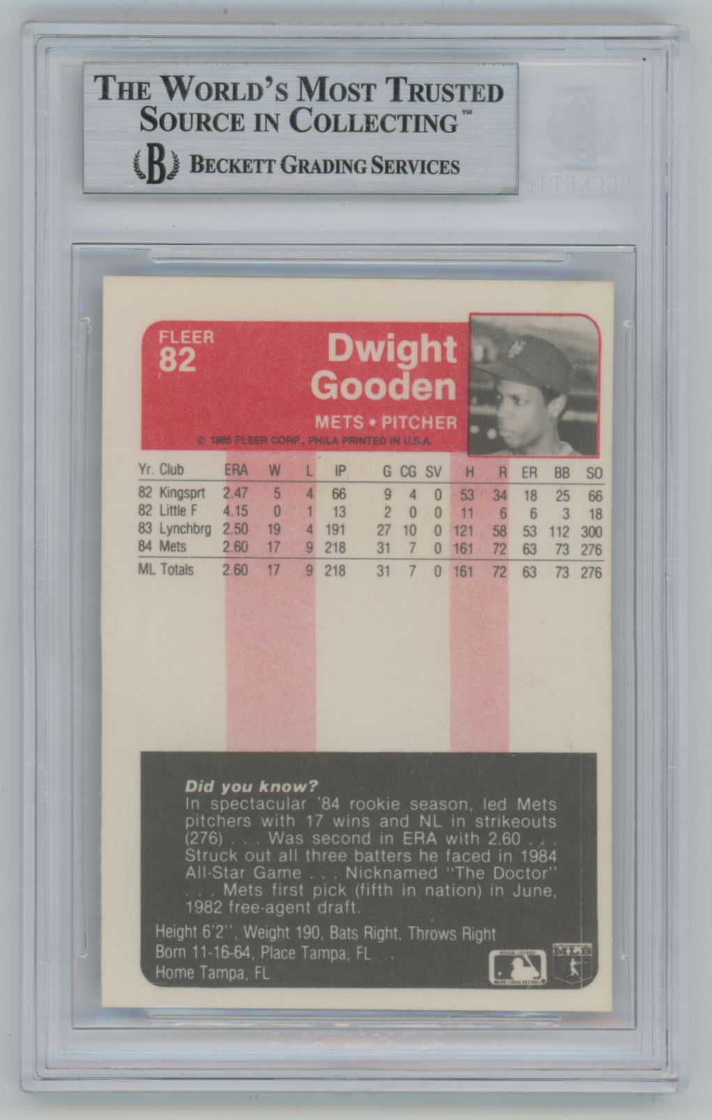 1985 Fleer Dwight Gooden #82 Rookie Card Auto - Beckett Authentic