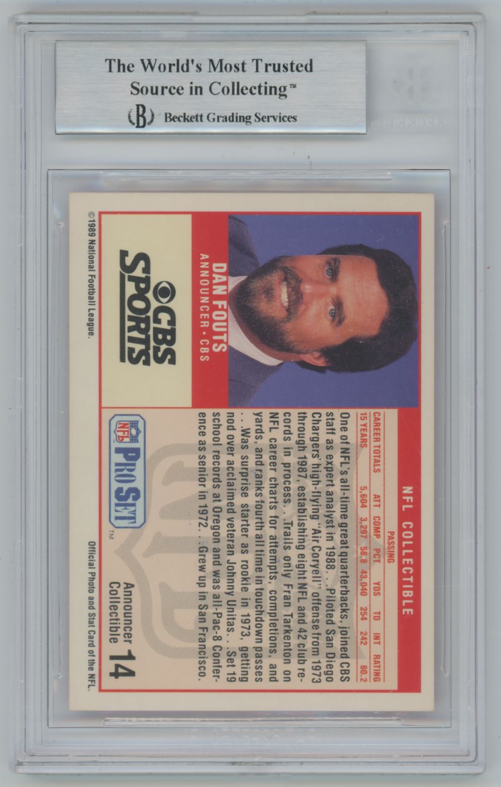 1989 Pro Set Announcers Dan Fouts #14 Auto - Beckett Authentic