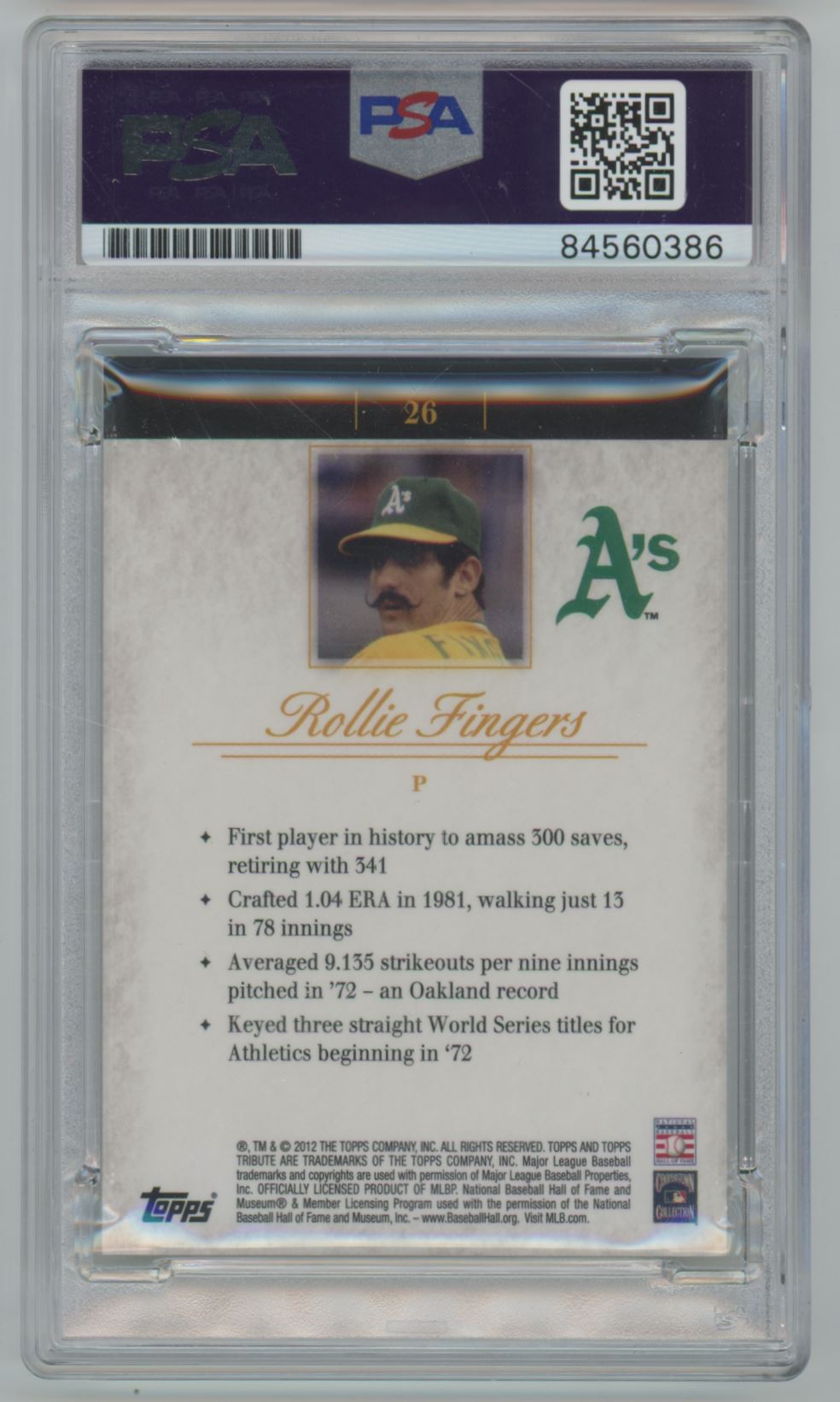2012 Topps Tribute Rollie Fingers PSA/DNA - Auto 10 Grade