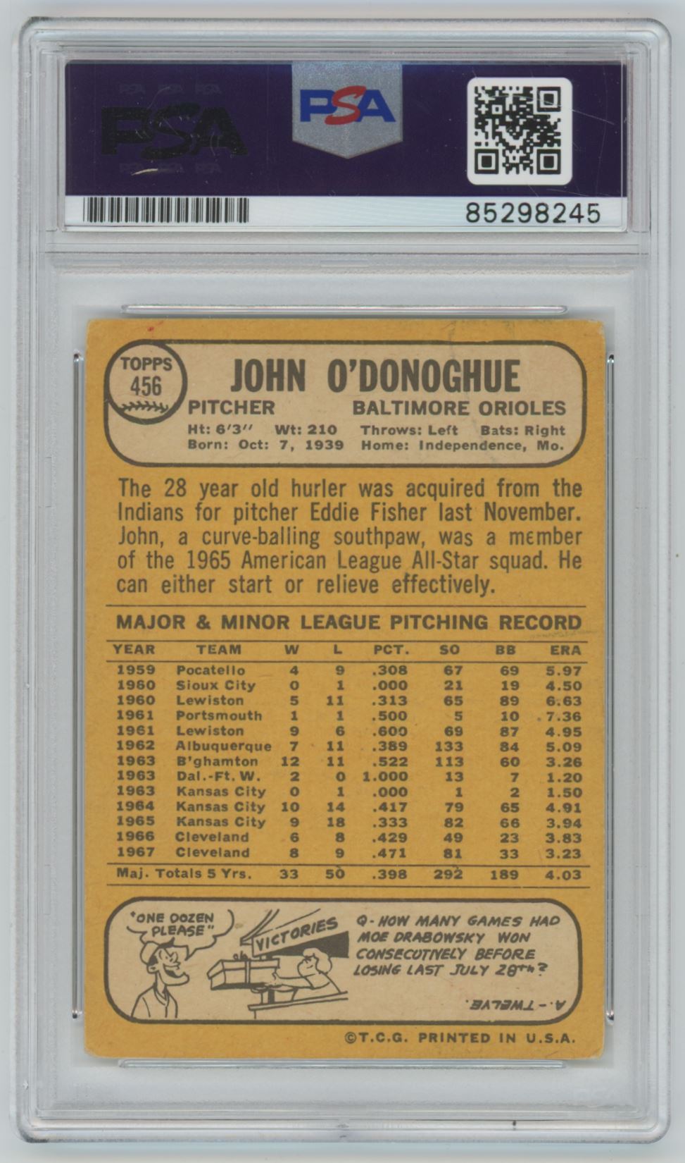 1968 Topps John O'Donoghue Auto - PSA/DNA Authentic (8245)