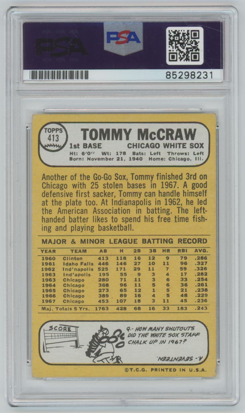 1968 Topps Tom McGraw Auto - PSA/DNA Authentic (8231)