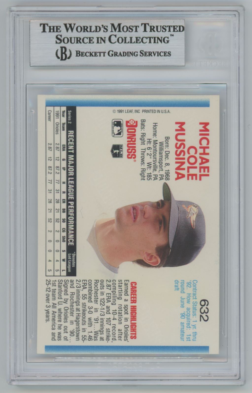 1992 Donruss Mike Mussina Auto - Beckett Authentic