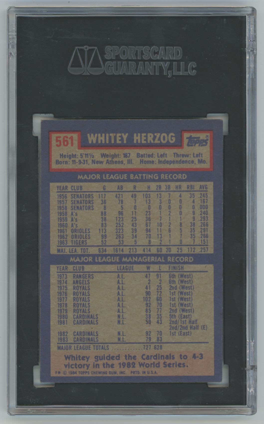 1984 Topps Whitey Herzog #561 Auto - SGC Authentic