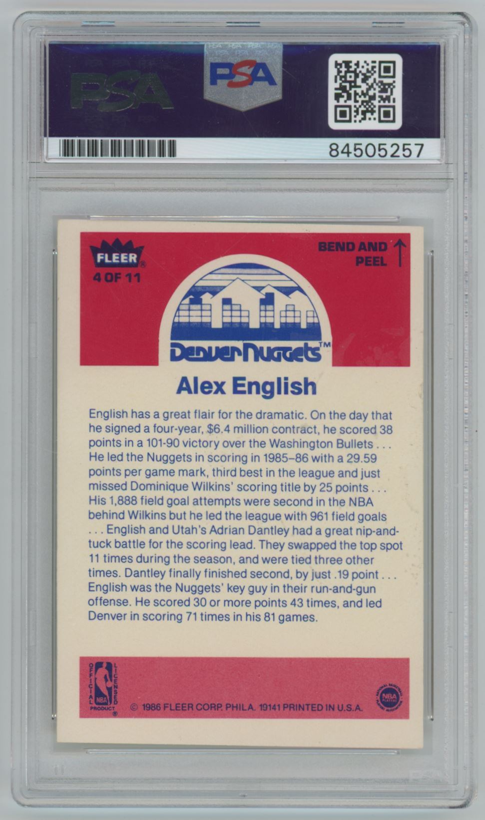 1986 Fleer Sticker Alex English Auto - PSA/DNA Authentic