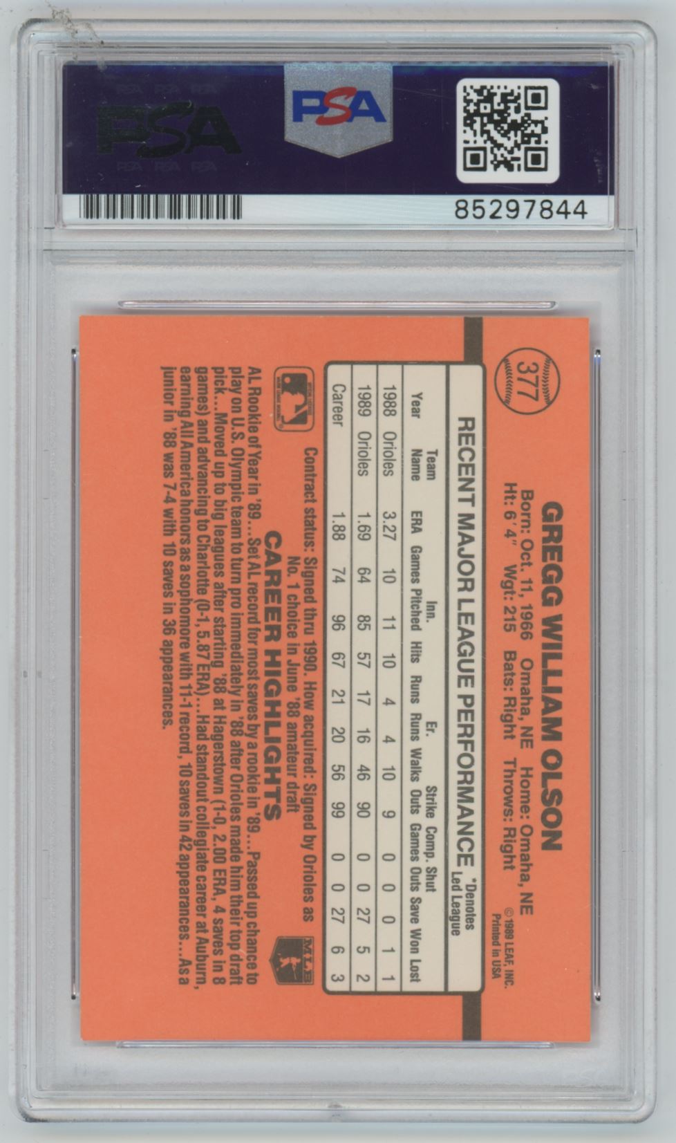 1989 Donruss Gregg Olson Auto - PSA/DNA