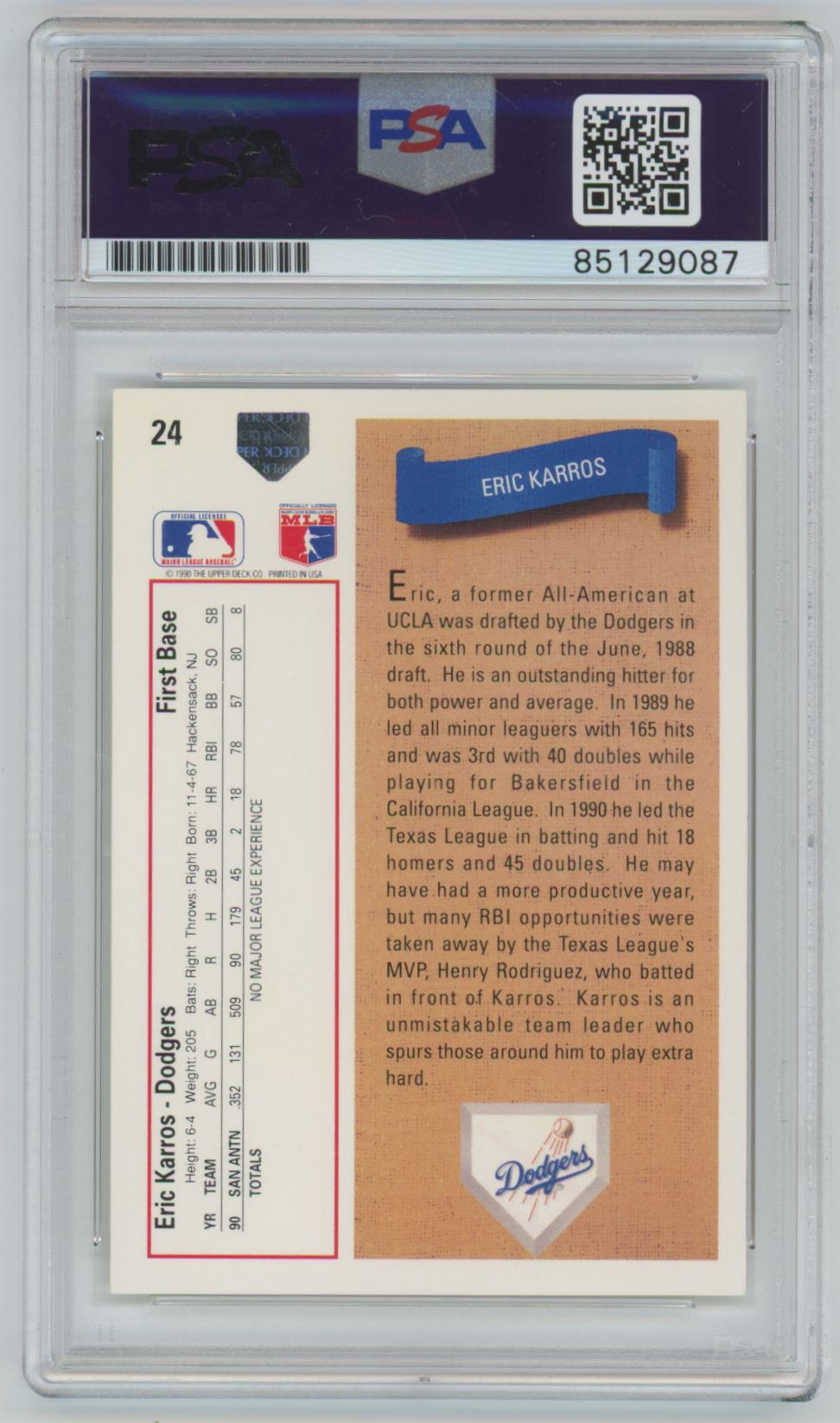 1991 Upper Deck Eric Karros Rookie Card Auto - PSA/DNA
