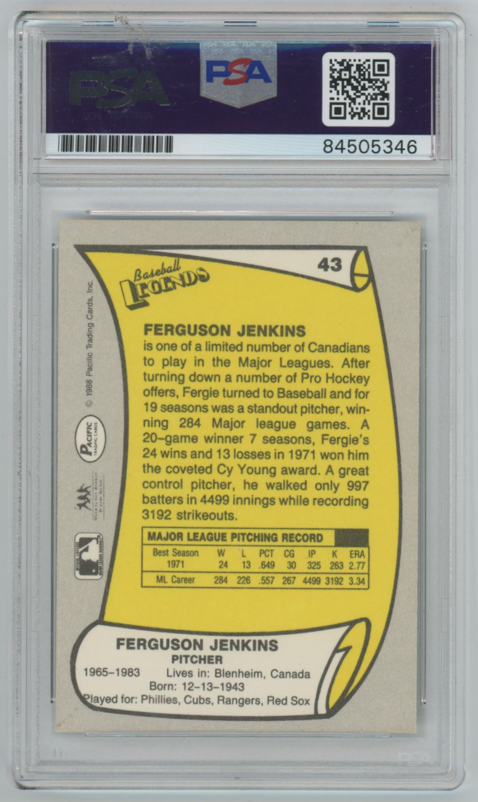 1988 Pacific Fergie Jenkins Auto - PSA/DNA