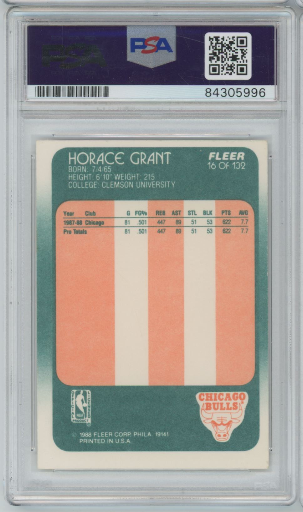 1988 Fleer #16 Horace Grant Rookie Card "3 Peat" Auto - PSA/DNA