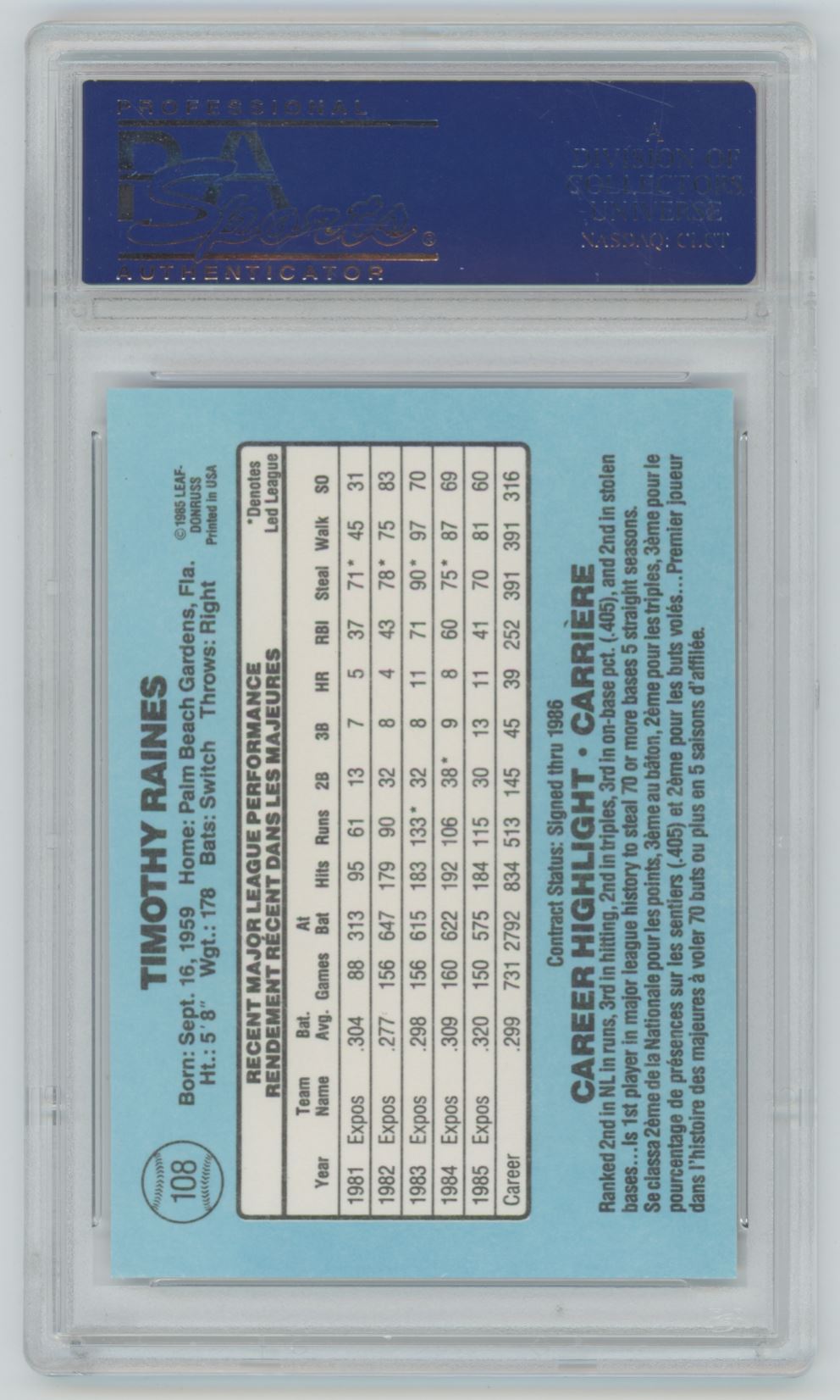 1986 Tim Raines #108 - PSA 10