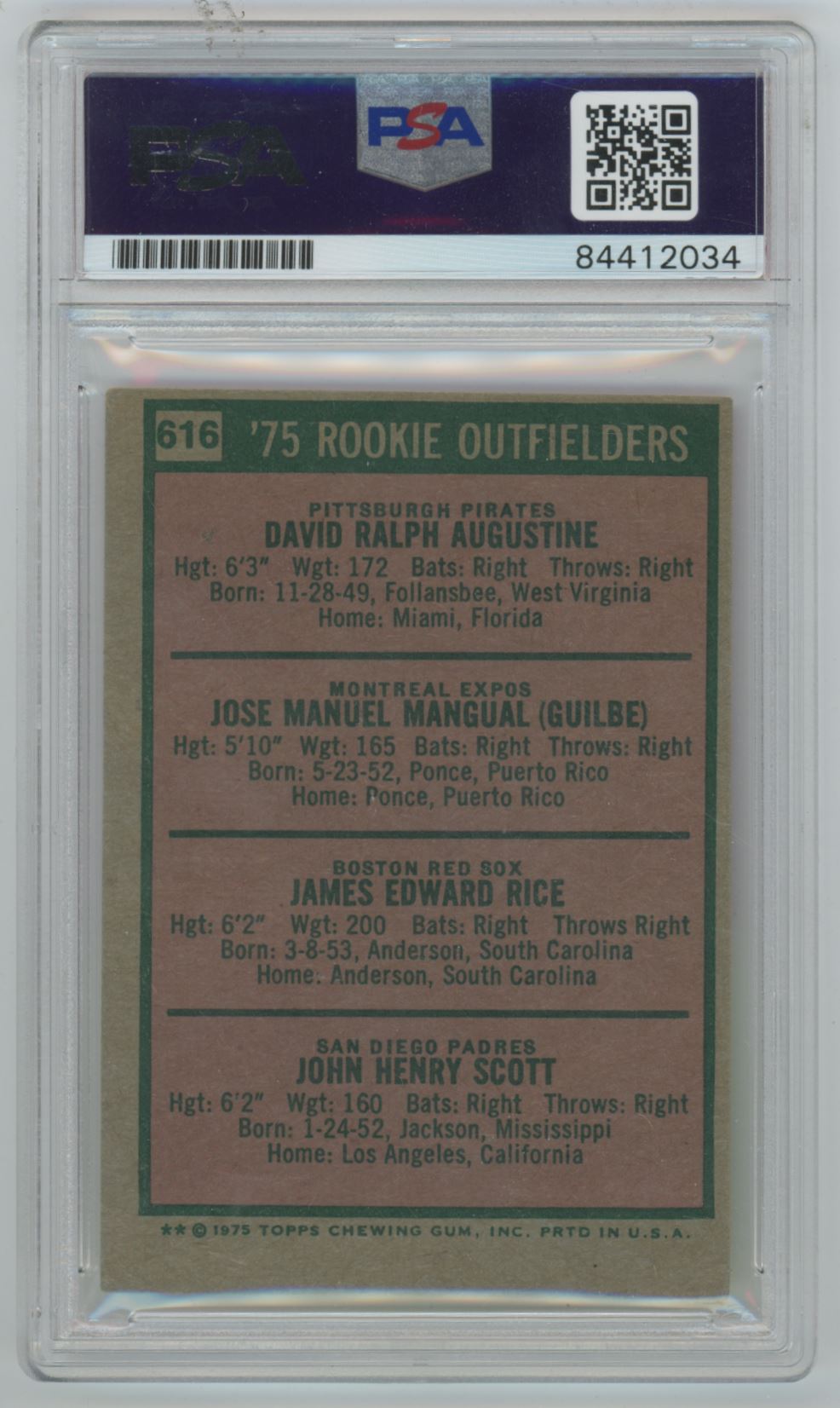 1975 Topps Mini David Augustine, Jose Mangual, Jim Rice, John Scott Rookie Auto - PSA/DNA