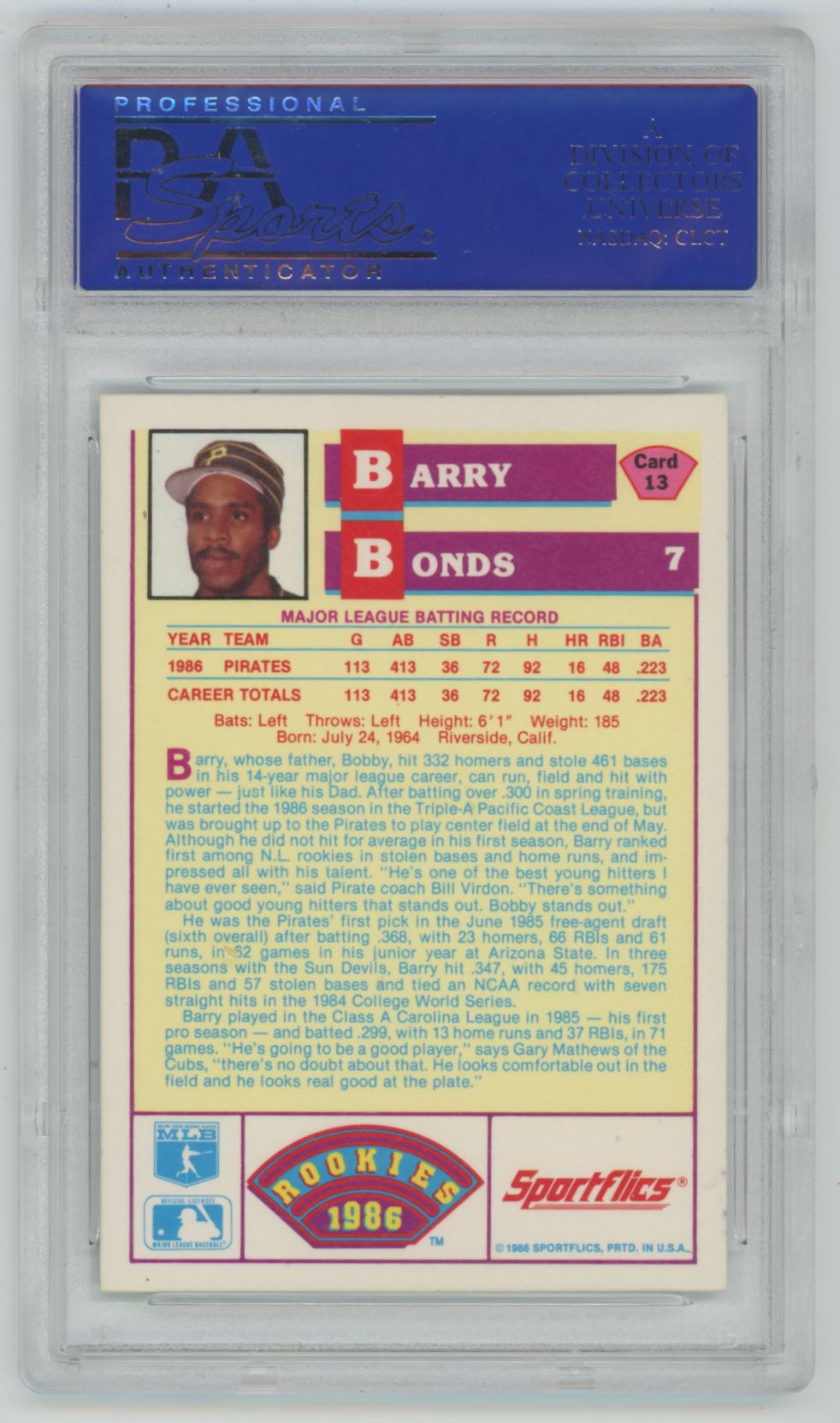 1986 Sportflics Rookies Barry Bonds #13 - PSA 10