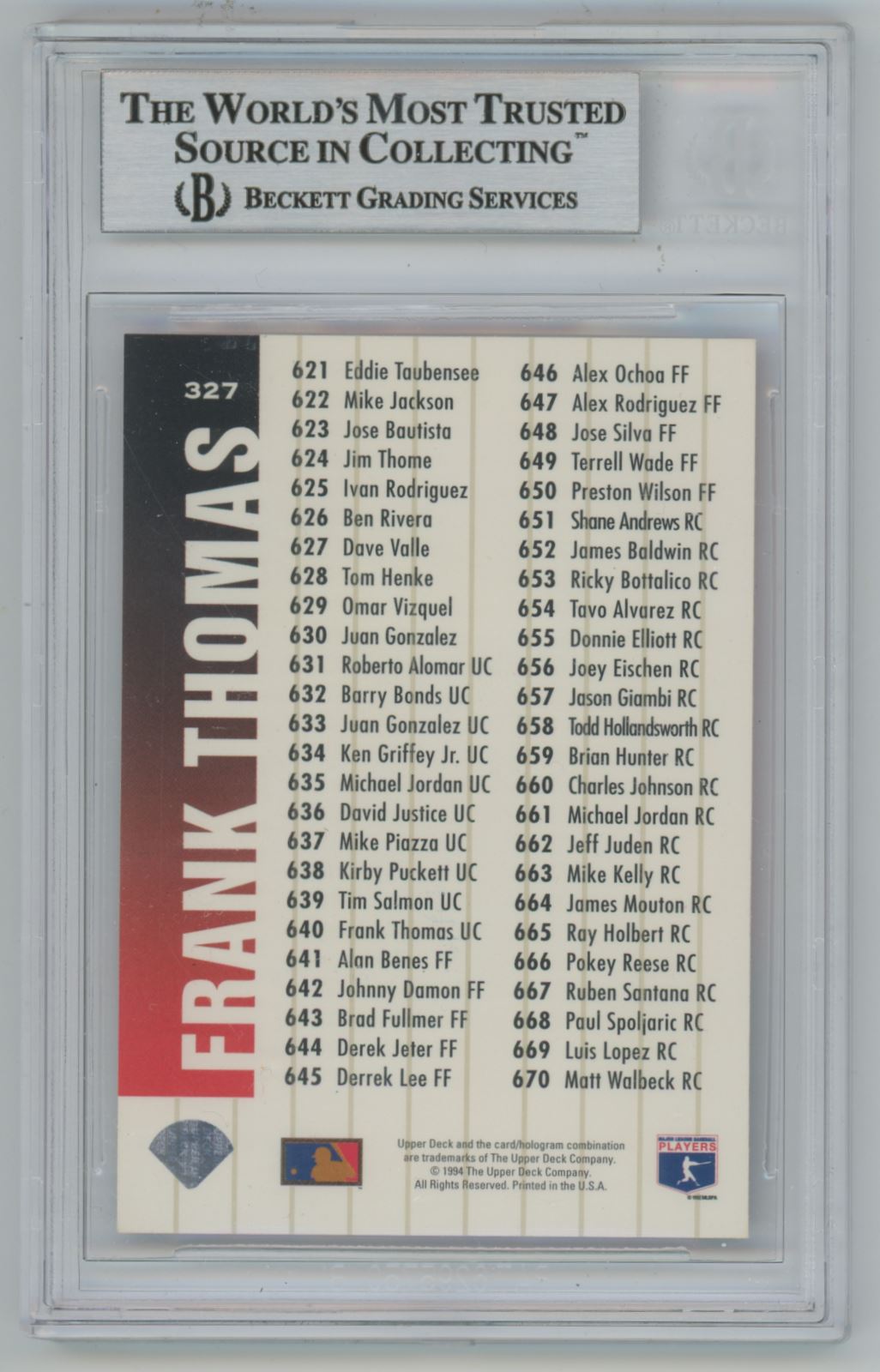 1994 Collector's Choice Frank Thomas #327 Auto - Beckett Authentic