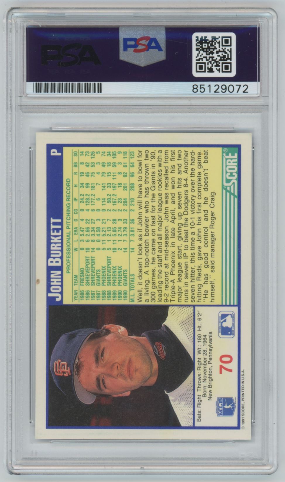 1991 Score John Burkett Auto - PSA/DNA