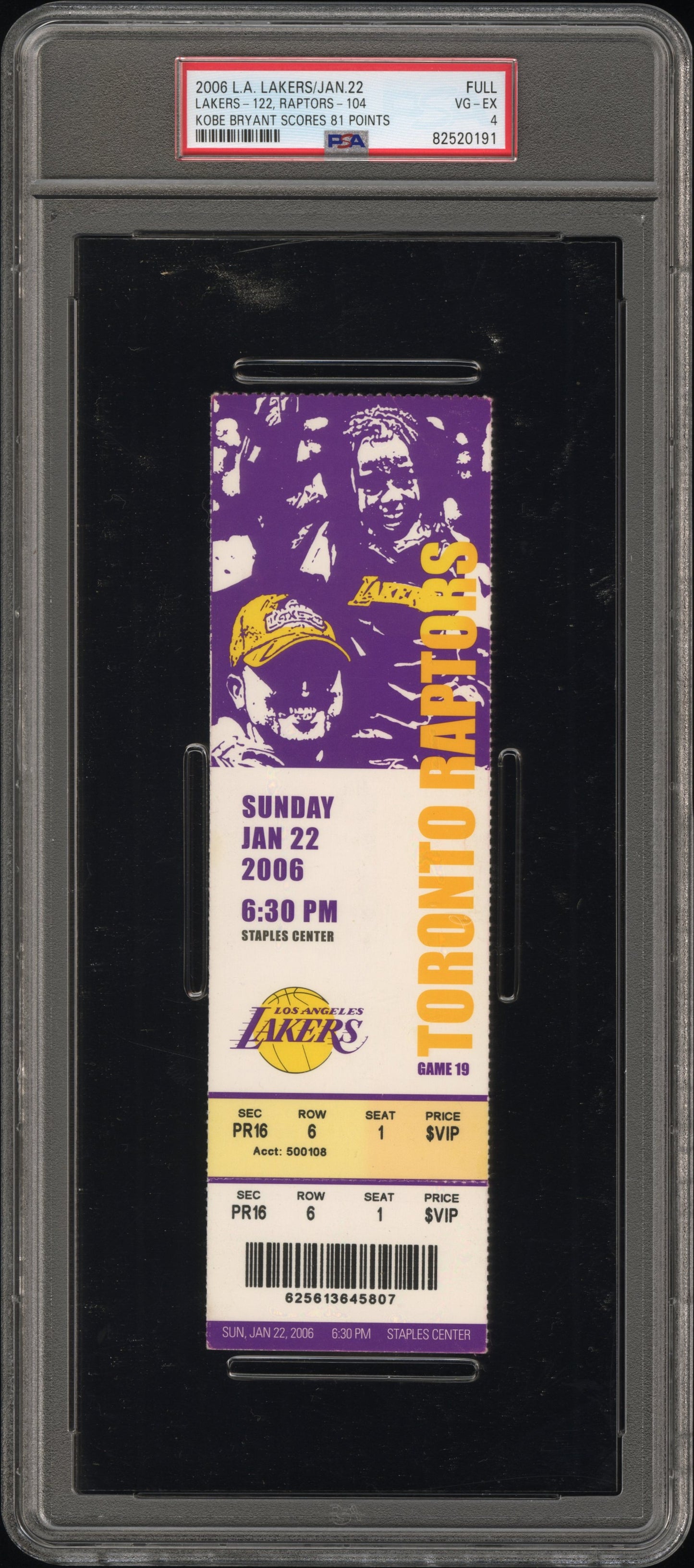 Glass Framed (21x19) Kobe Bryant 81 Point Game (01/22/2006) Full Ticket - PSA 4