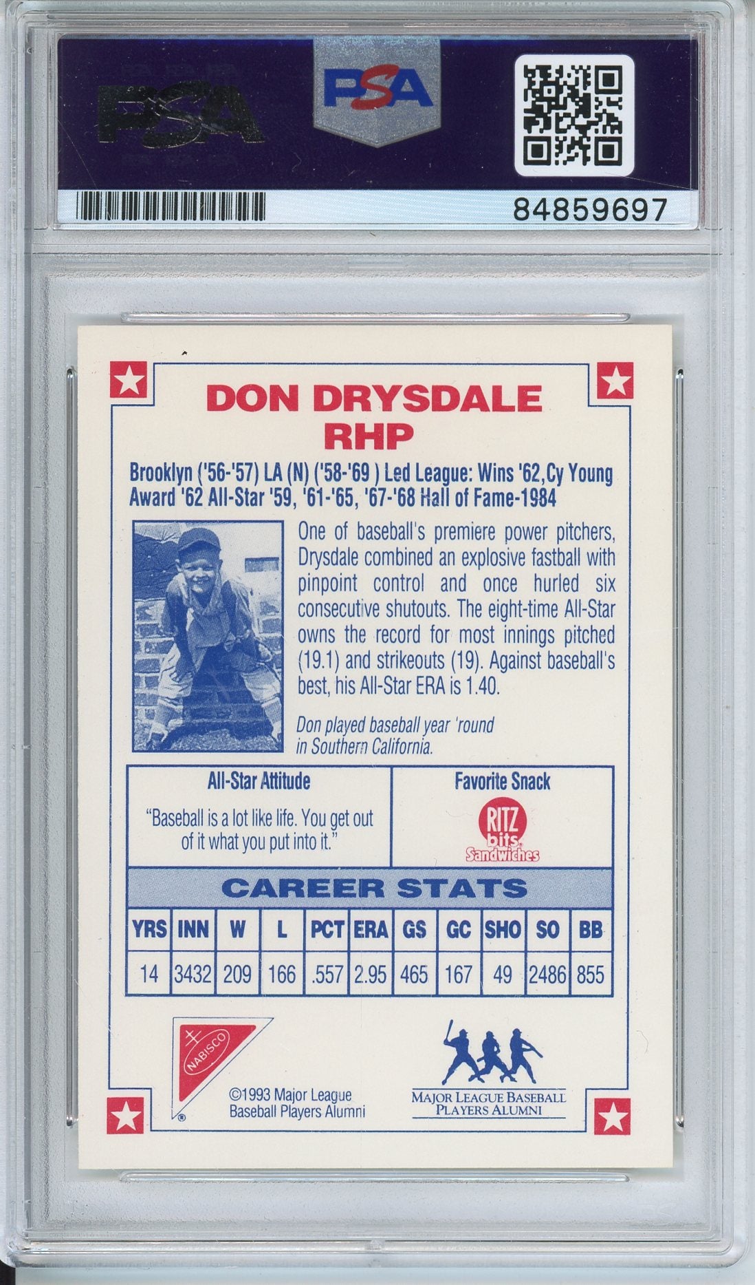 1993 NABISCO DON DRYSDALE #2 HOF AUTOGRAPH PSA/DNA