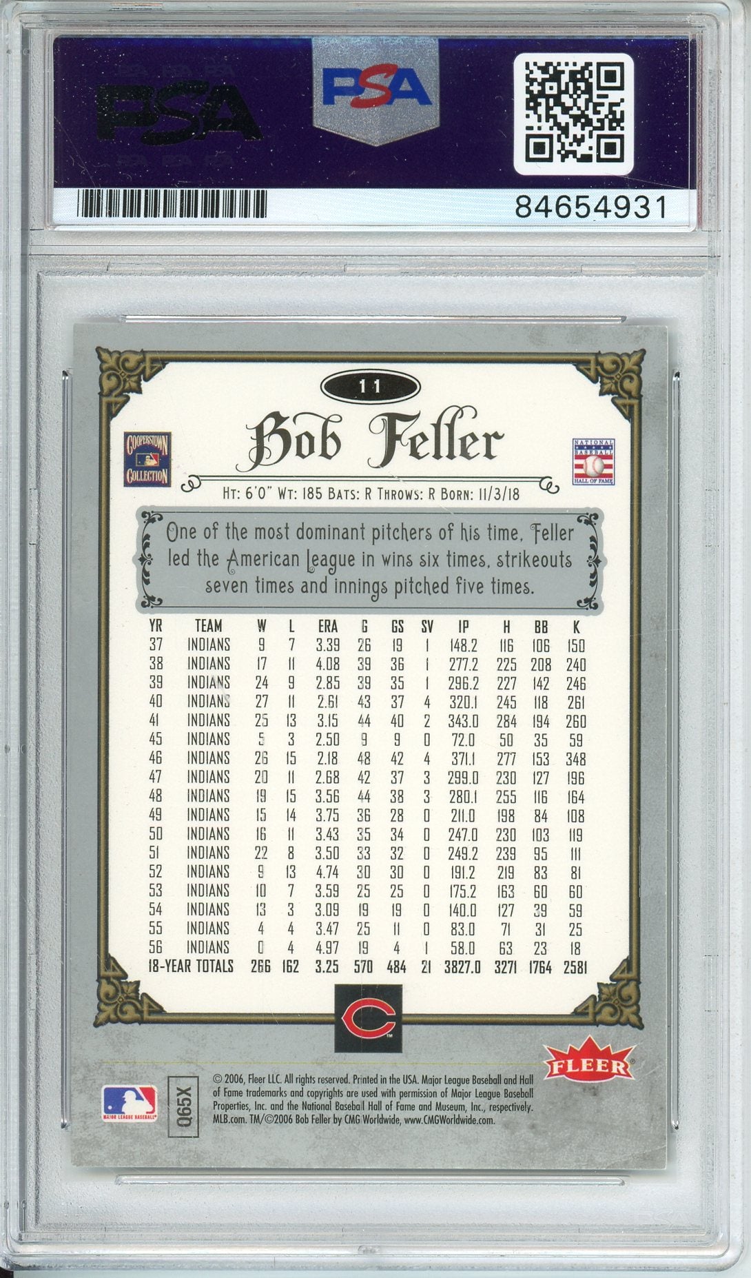 2006 FLEER GREATS OF THE GAME BOB FELLER #11 HOF PSA/DNA AUTHENTIC AUTO