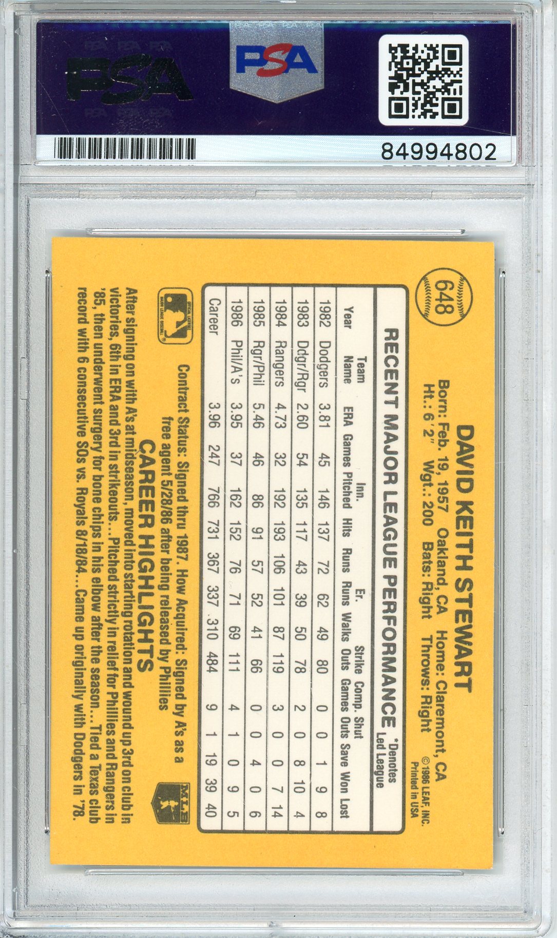 1987 DONRUSS DAVE STEWART #648 A'S HOF WORLD SERIES CHAMP AUTOGRAPH PSA/DNA