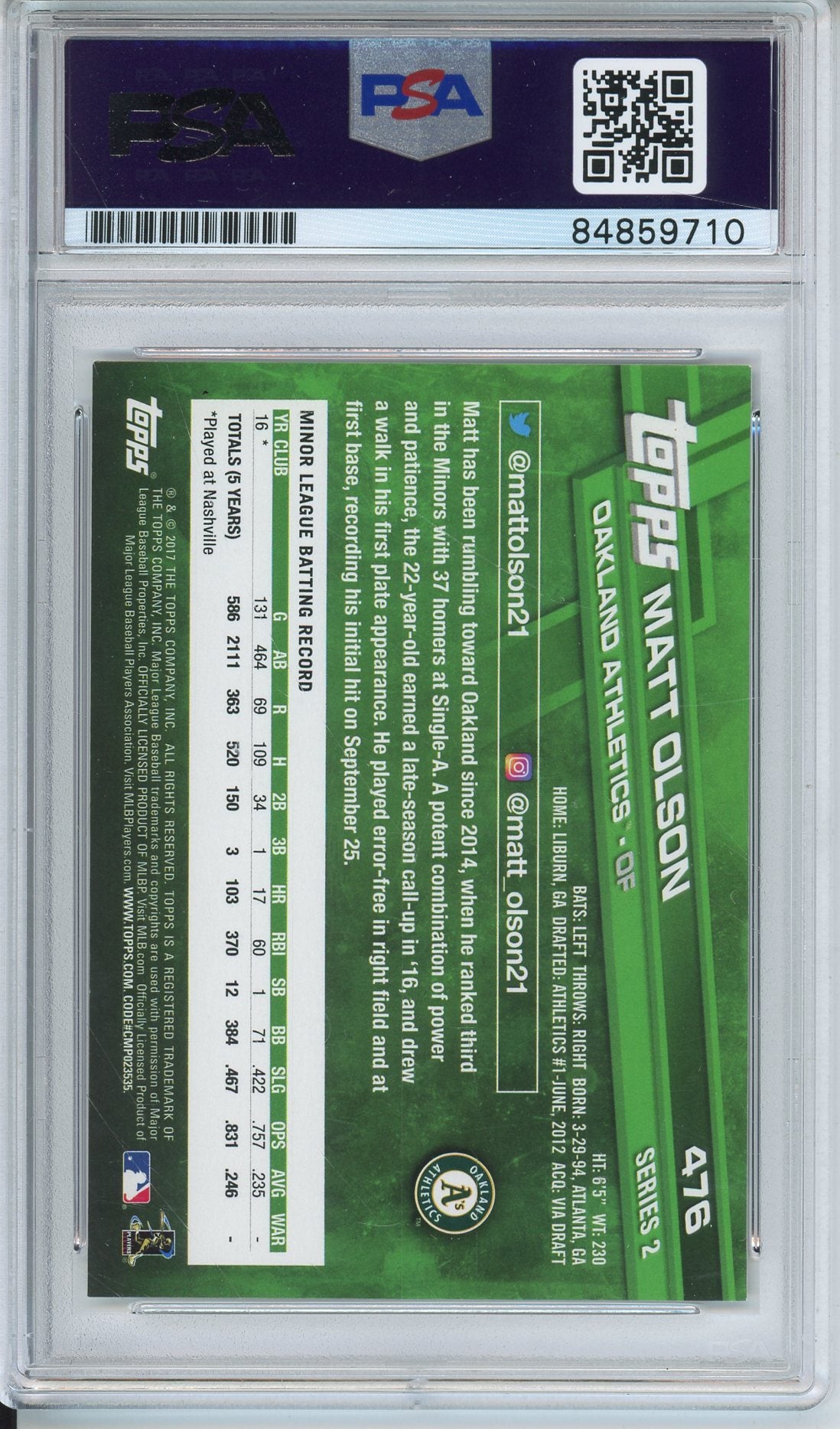2017 TOPPS SERIES 2 MATT OLSON #476 ROOKIE AUTOGRAPH PSA/DNA