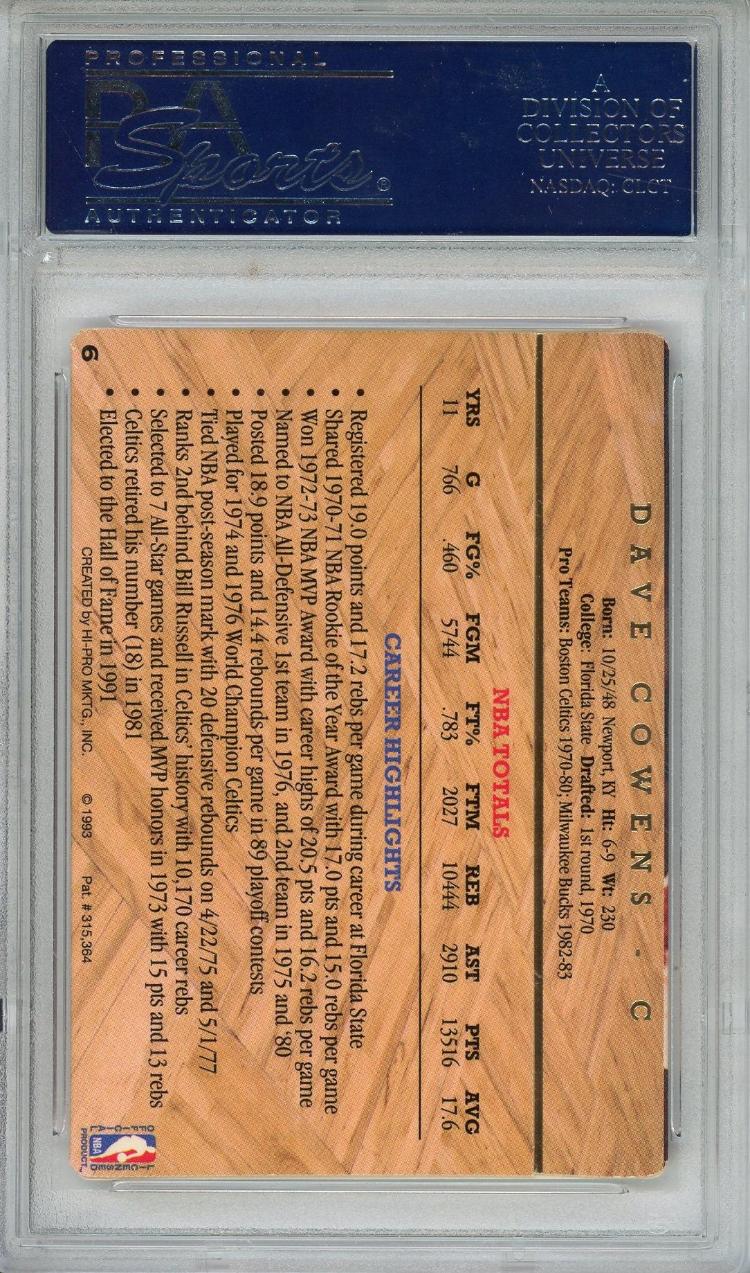 1993 ACTION PACKED HOF DAVE COWENS PSA/DNA AUTO CARD (1392)