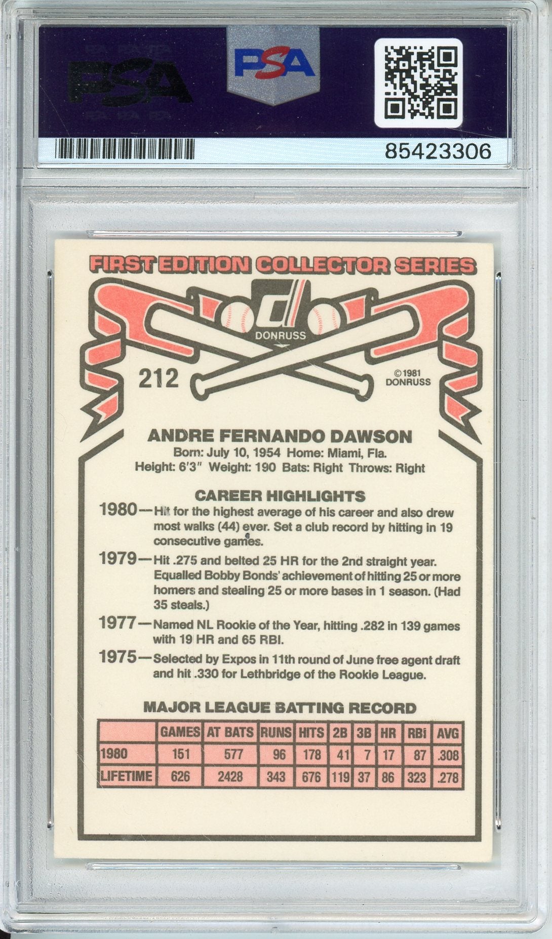 1981 DONRUSS ANDRE DAWSON #212 FIRST EDITION COLLECTOR SERIES PSA/DNA AUTHENTIC AUTO