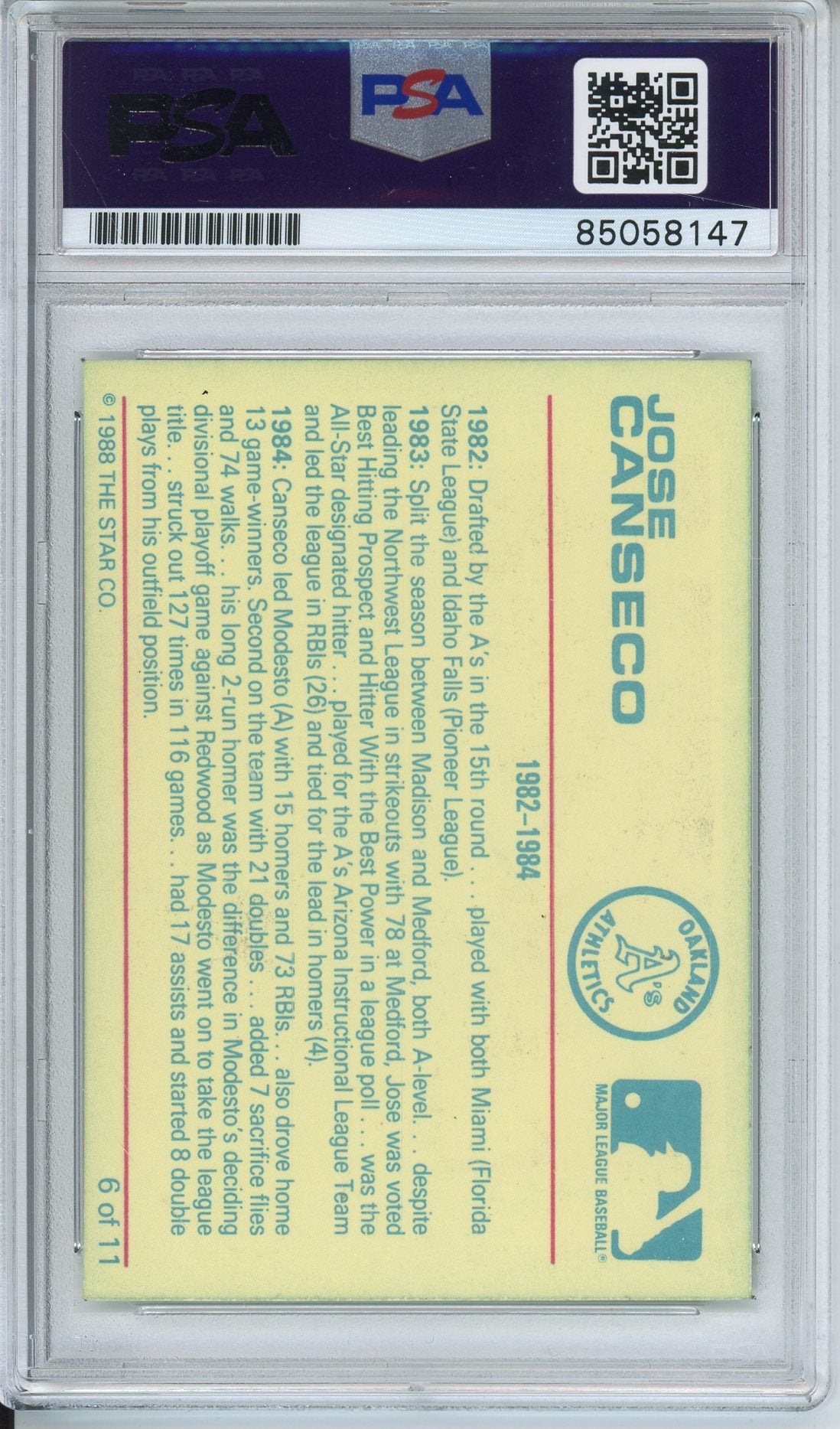 1988 STAR JOSE CANSECO #6 A's HOF AUTOGRAPH PSA/DNA