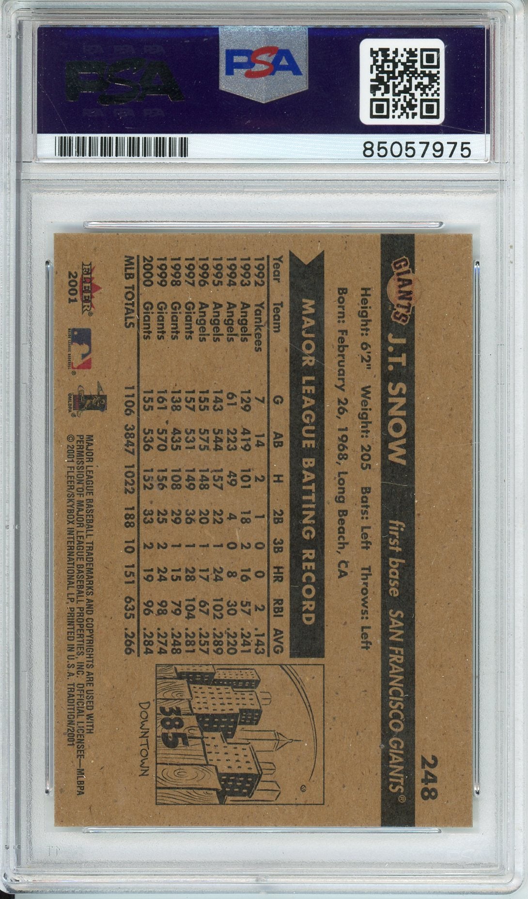 2001 FLEER TRADITION J.T. SNOW #248 GIANTS HOF PSA/DNA AUTHENTIC AUTO