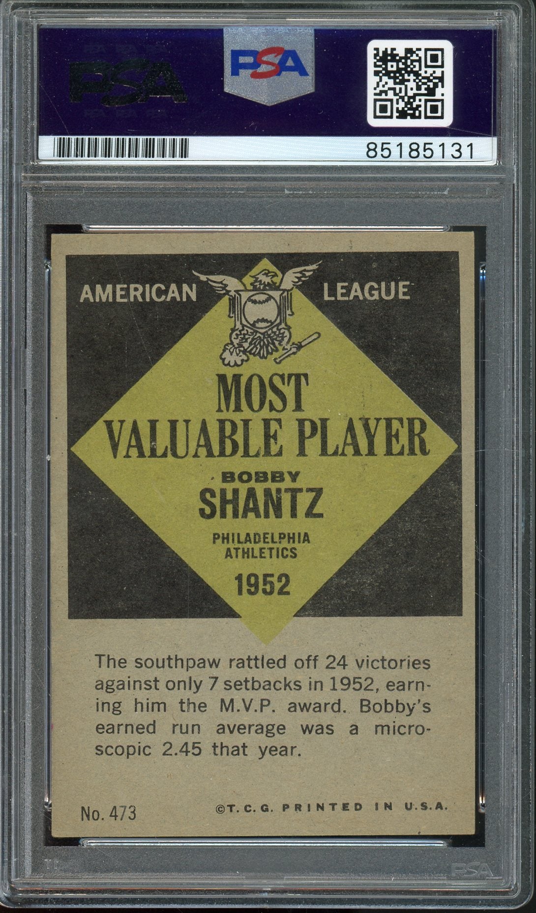 1952 T.C.G BOBBY SHANTZ #473 HOF PSA/DNA AUTHENTIC AUTO