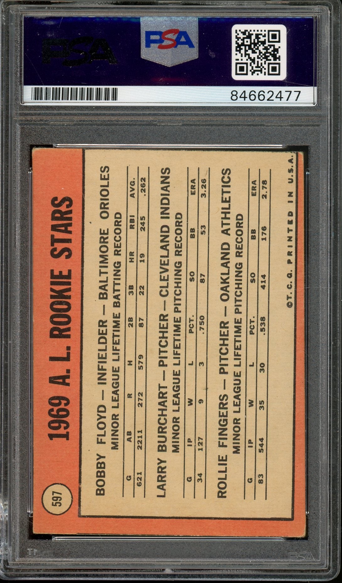 1969 TOPPS ROOKIE STARS #597 ROLLIE FINGERS ROOKIE CARD HOF AUTO PSA/DNA AUTO GRADE GEM MT 10
