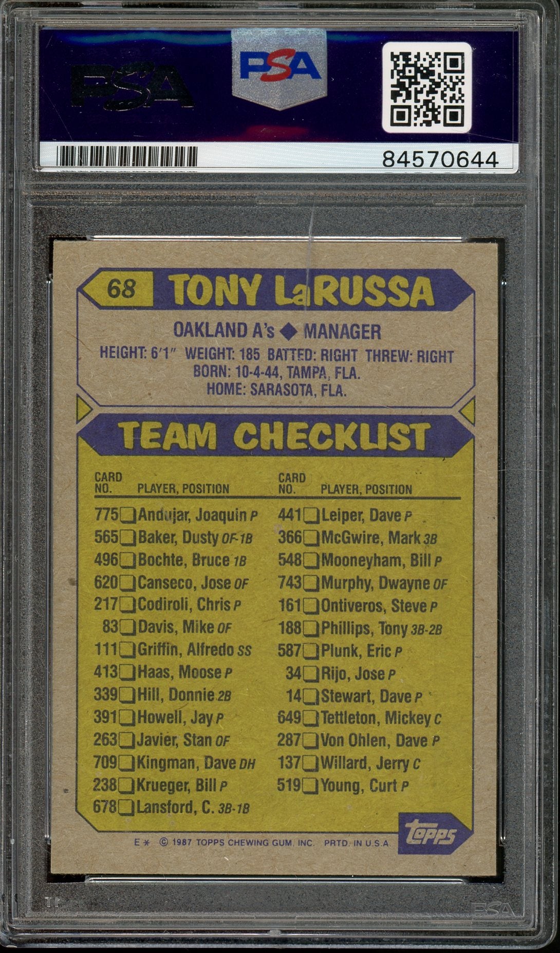 1987 TOPPS TONY LARUSSA HOF A'S MANAGER #68 PSA/DNA AUTHENTIC AUTO