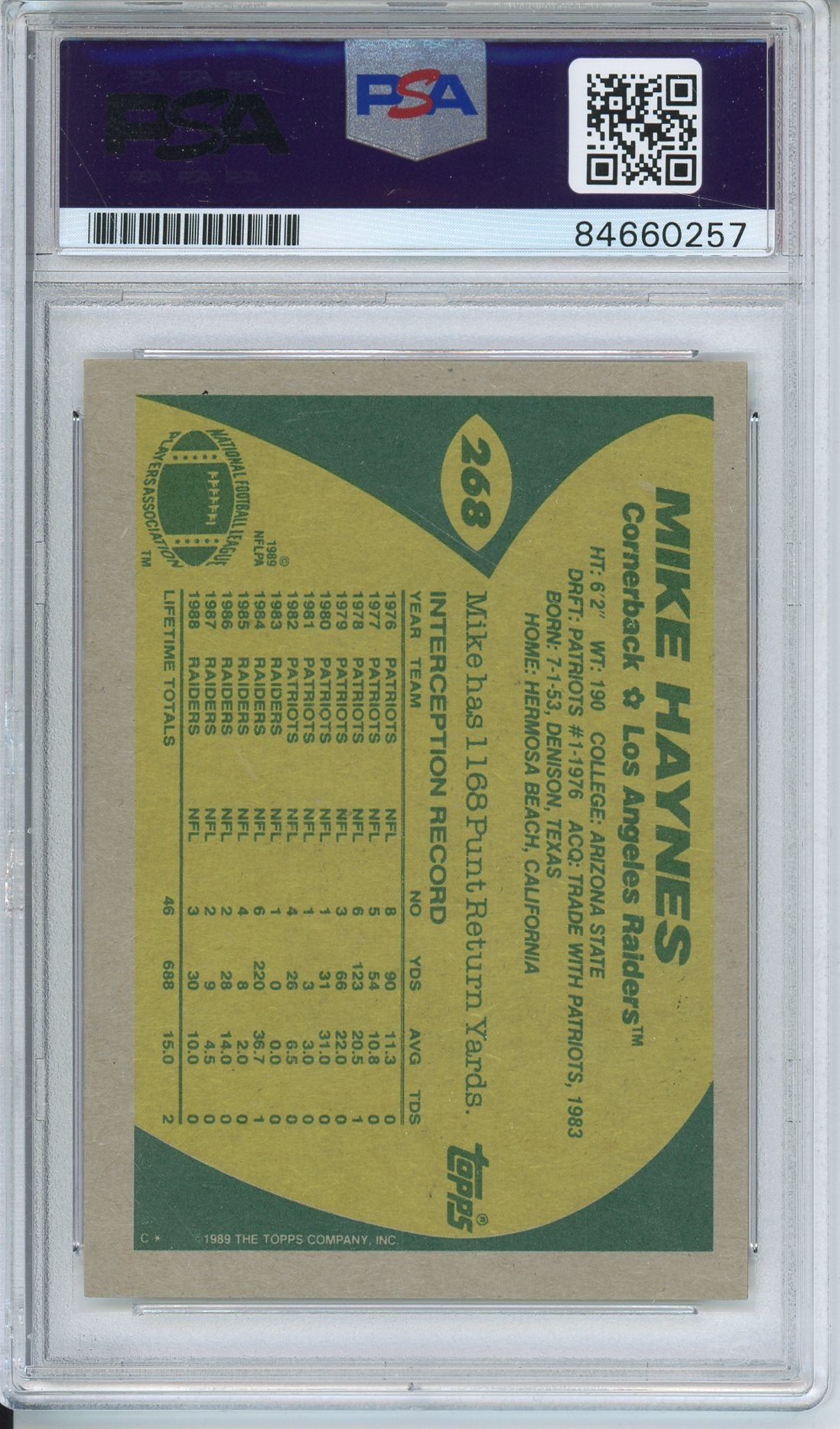 1989 TOPPS MIKE HAYNES #268 HOF AUTOGRAPH PSA/DNA